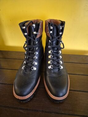 Ladies Black Leather Hiking Boots with Brown Trim